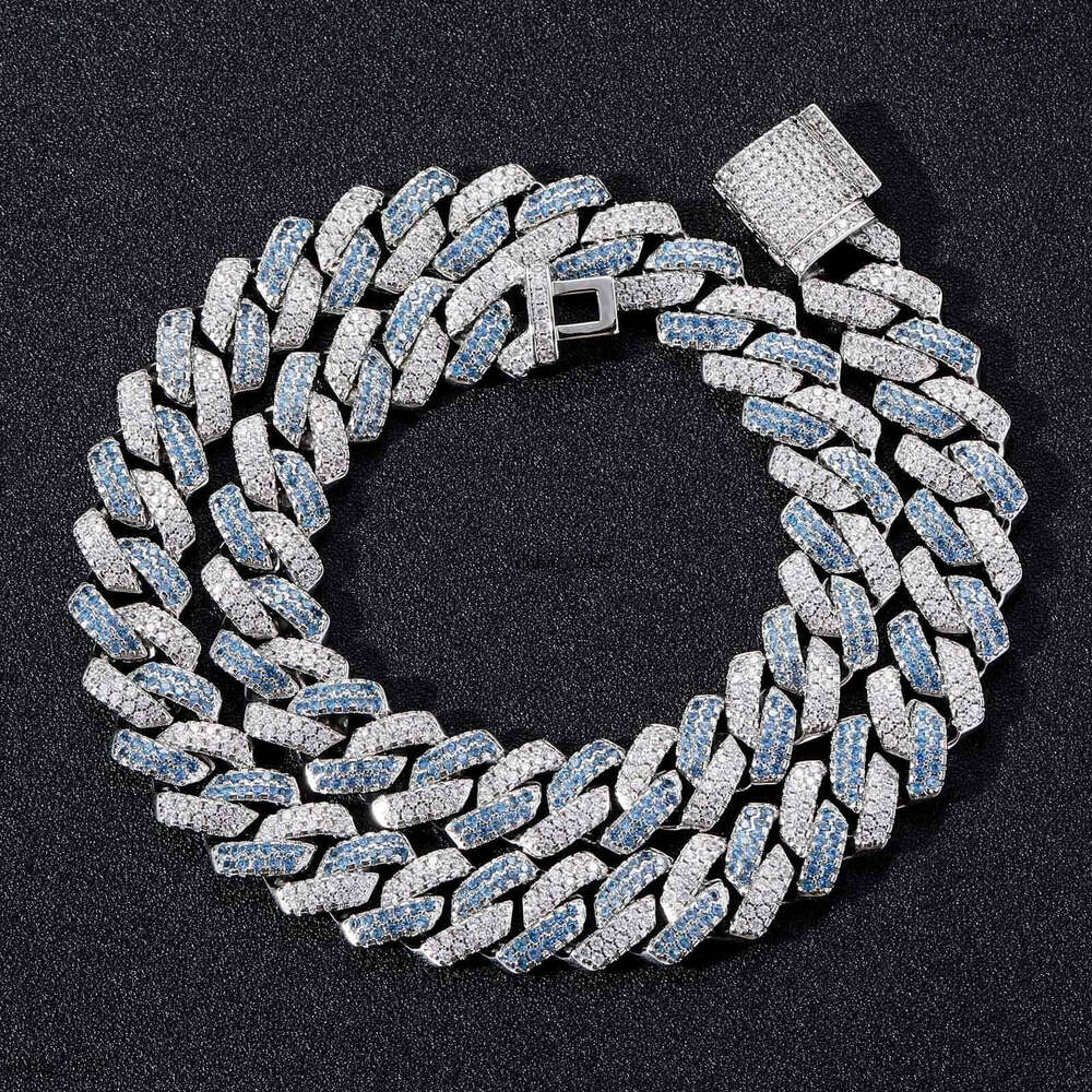 14mm Bar-Shaped Dia Dense with Blue and White Moissanite chain for Men Hip-Hop Cuban Chain Necklace