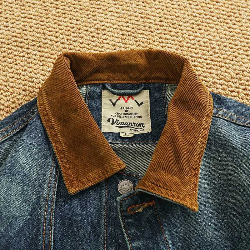 Spring New American Retro Heavyweight Neckline Contrast Color Corduroy Washed Old Cargo Denim Jacket Mens Lapel Casual Coat W250809