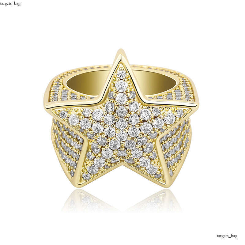 Ins Style Pentagram Full Zircon Hip Hop Men's Trendy Ring Gold Jewelry