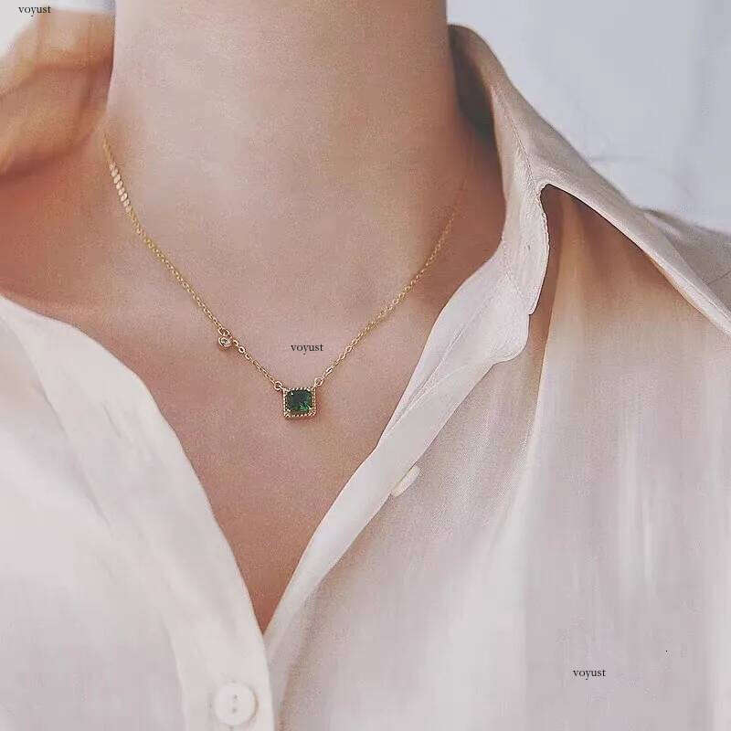 Sterling Sier Square Green Zircon Clavicle Charm Pendant Necklace for Women Wedding 14k Gold Plated Jewelry Gift