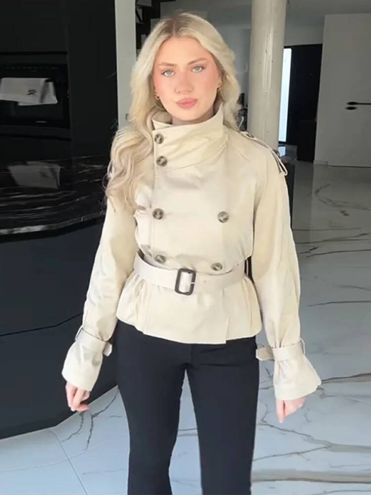 Spring Double Breasted Trench Coat With Belts Women Elegant Stand Collar Long Sleeve Jacket Office Lady Windbreaker Street Tops