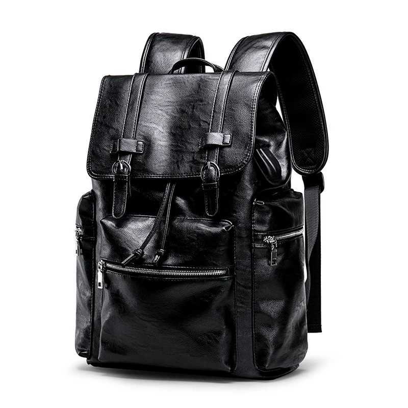 Mens PU Leather Backpack Large Capacity Travel Computer Backpack for Laptop Students School Bag Expandable USB Charger Bag Y250809