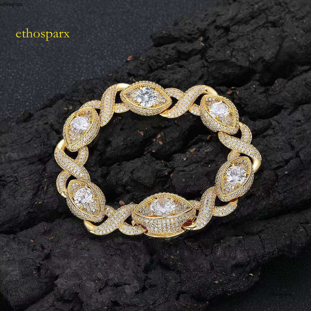 15mm Eye-Shaped Design Dia Gold Plated Iced Out Zircon Cuban Chain Link Bracelet Women Fine Jewelry