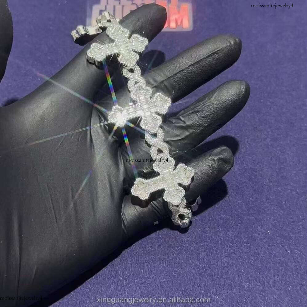 Cross Dia Hip Hop Chain Bracelet VVS Moissanite GRA Colorful 5A CZ Sterling Sier Gold Plate Fine Jewelry Bracelets