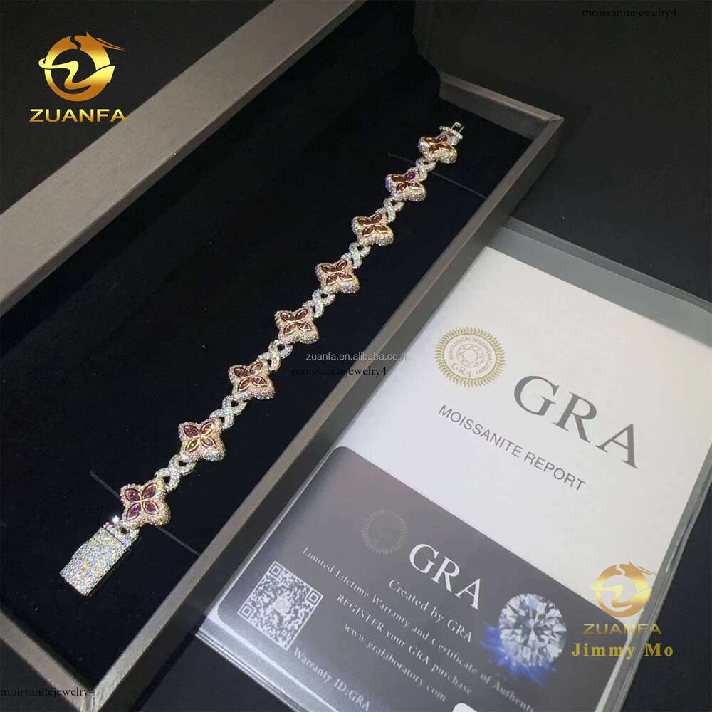New Design 15mm Marquise Flower Hip Hop Jewelry Icy Pink Chrysolite Infinity Cuban Chain Bracelet