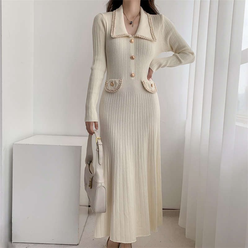 Tweed Style HighWaisted Slimming Knit Dress Womens AutumnWinter New Design Sensibility Base MiddleLength Sweater Dress R250809