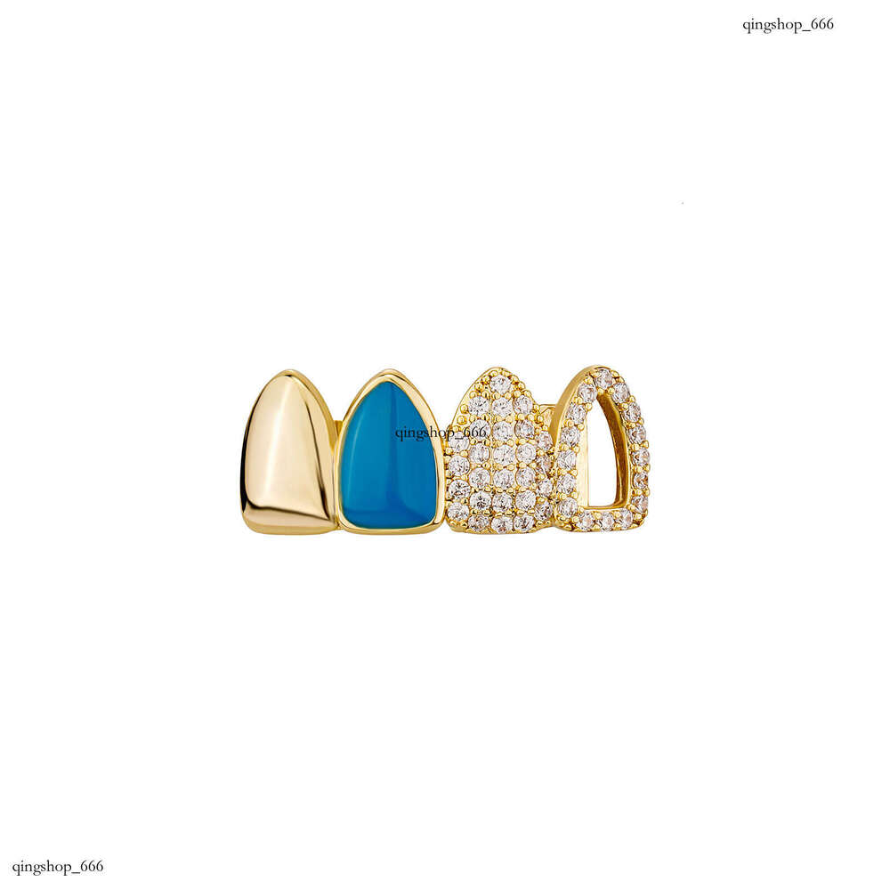 HIPHOP Zircon Grillz Mirror Blue Oil Drip Mixed Hollow Gold Teeth