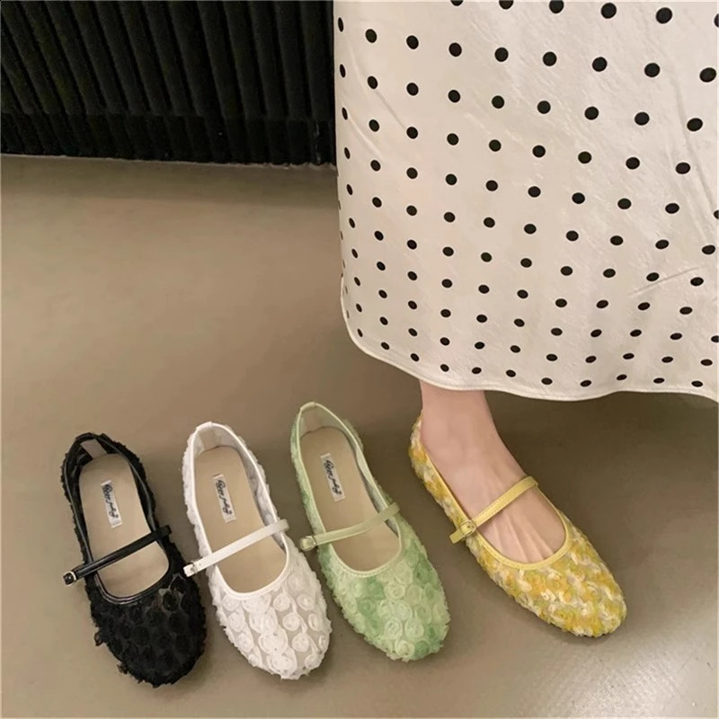 SUOJIALUN 2025 Summer Women Flat Shoes Fashion Flower Lace Slip On Mary Jane Shoes Soft Flat Heel Outdoor Dress Single Shoes 250805
