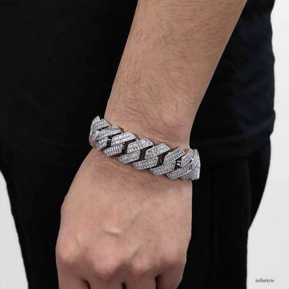 NUOYA Women's Shiny Iced Out Baguette Dia Cuban Link Chain Bracelet 20mm Sier Plated Hip Hop Fine Jewelry