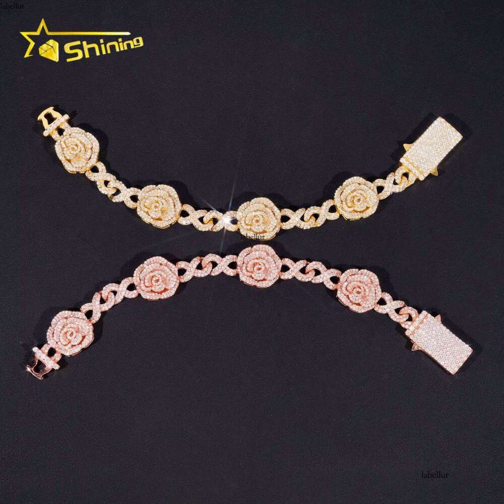 Romantic Rose 3D Gold Plated Iced 16Mm Sterling Sier Hip Hop Unlimited Chain Bracelet