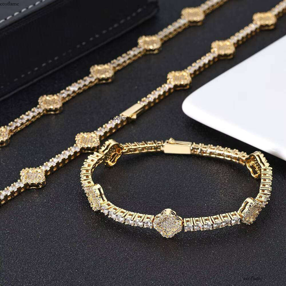 NUOYA Fashion Jewelry Small Four Leaf Clover Tennis Bracelet Gold Plated Brass Cubic Zirconia Chain & Link Bracelets for Women