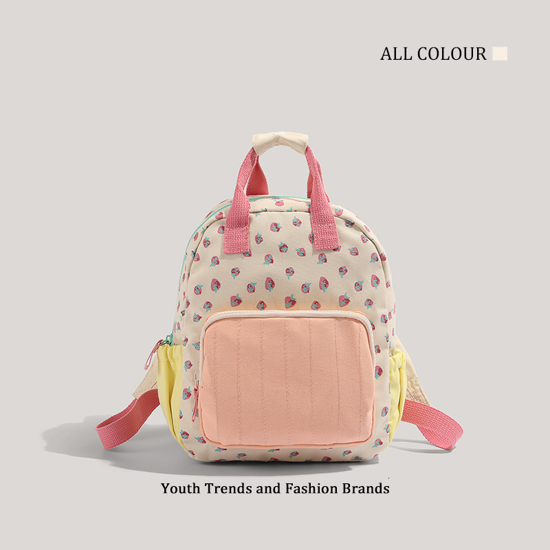 Strawberry Print Women's Canvas Dopamine Color Block Cute Backpack ddmymoon