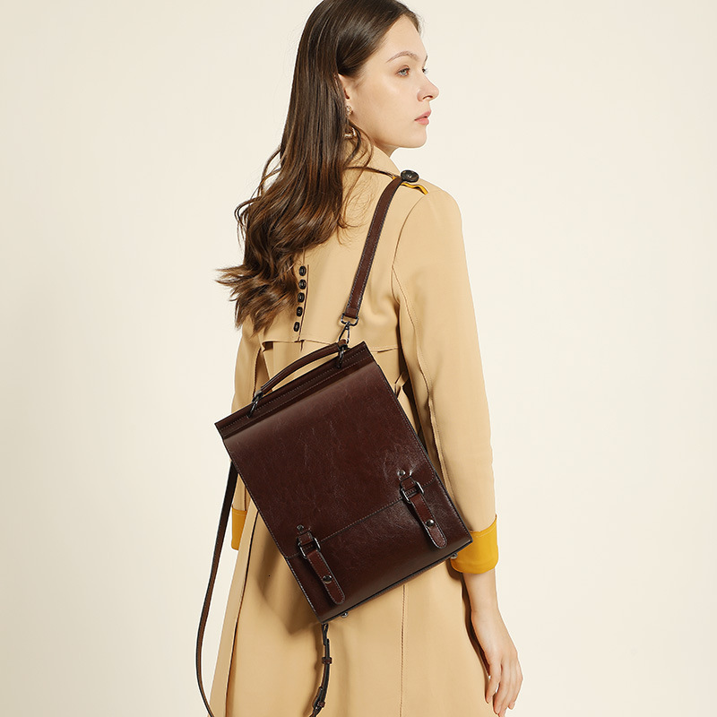 New Genuine Leather Women British Style School Bag For College Students Simple Cowhide Laptop Backpack