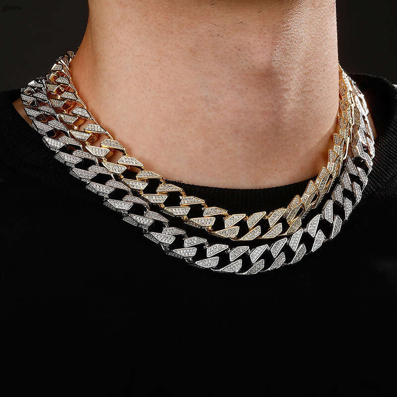 New 13MM Sterling Silver Gold-Plated Jewelry Spring Clasp Trapezoidal Cuban Necklace