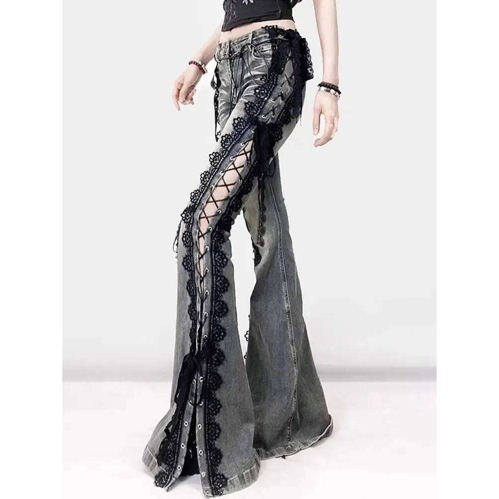 American Vintage Y2k Lace Strap Split Denim Women's Straight Loose Wide Leg Pants 2025 Summer Streetwear Bell Bottom Jeans