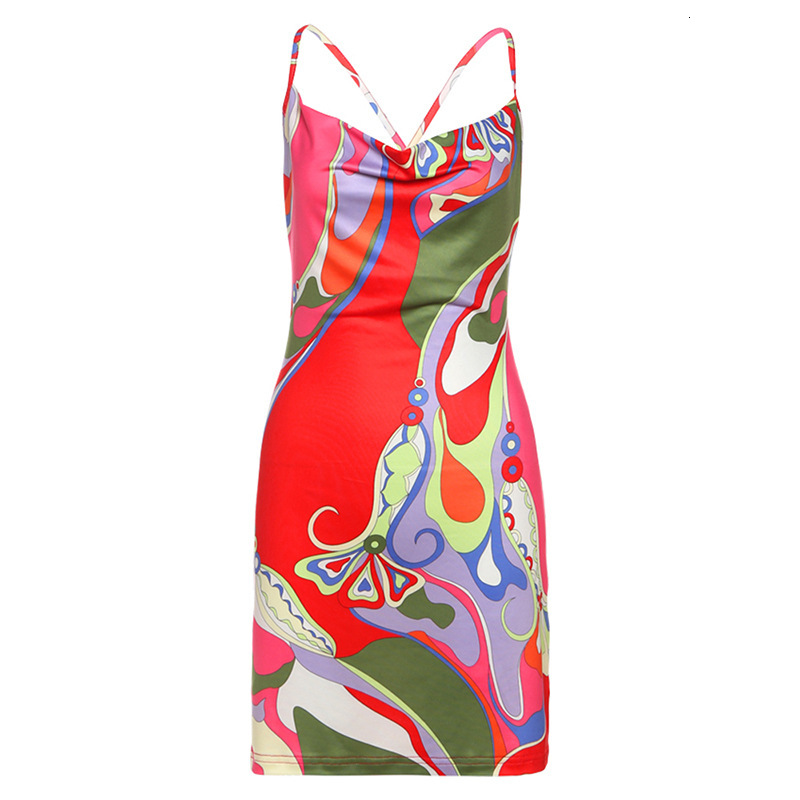 2025 Summer New Womens Fashion Sexy High Waist Slim Fit Bodycon Printed Strap Dress