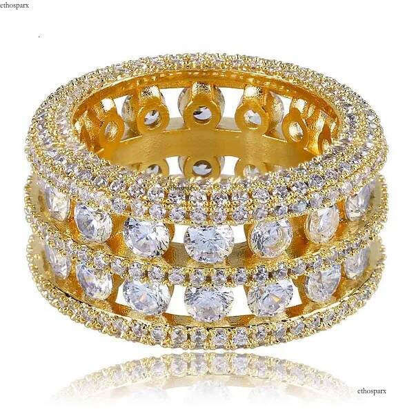 Double Rows Rings Hip Hop Shining Real Gold Plated Cubic Zircon Dia Finger Ring Jewelry