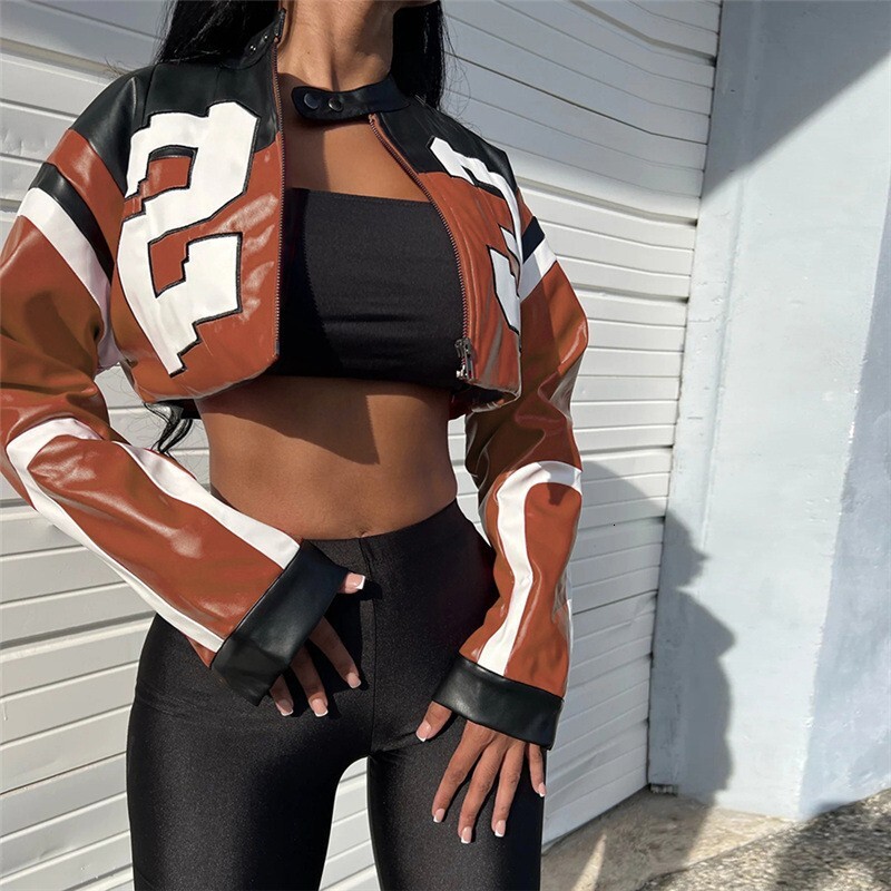 2024 Summer Womens New Fashion Motorcycle Contrast Embroidery Splicing Slim Fit Imitation Leather Jacket Coat