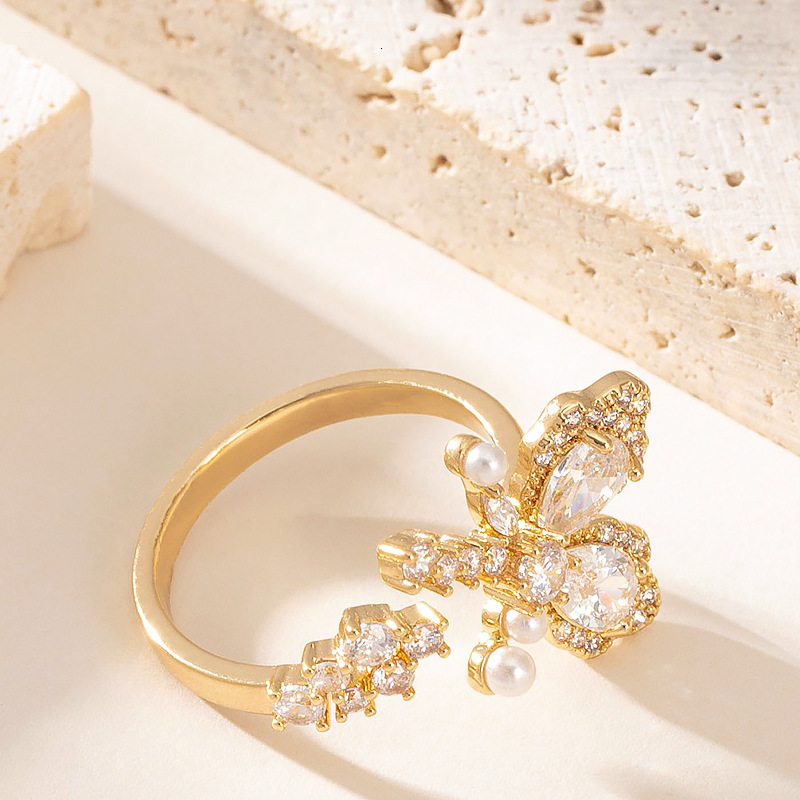 Fashion Simple Diamond-Studded Pearl Butterfly for Women, Non-Fading, Niche Adjustable Open Finger Ring