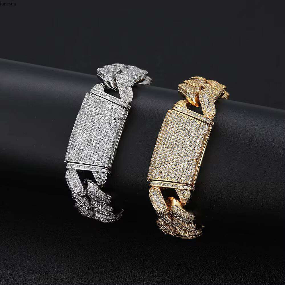 Nuoya Men's 18mm Chain Fine Jewelry HIP HOP Custom Iced Baguette Dia Gold Sier Cuban Bracelet for Gift
