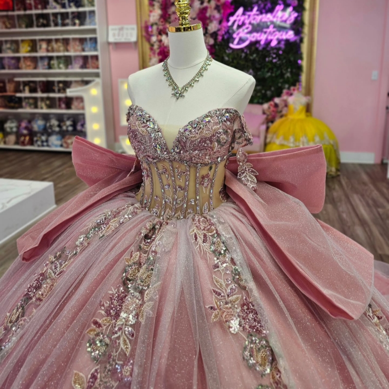 Pink Shiny Quinceanera Dresses Off The Shoulder Sequin Applique Lace Beading Bow Tull Party Birthday Ball Gown Vestidos De 15 Anos Sweet 16 Dress