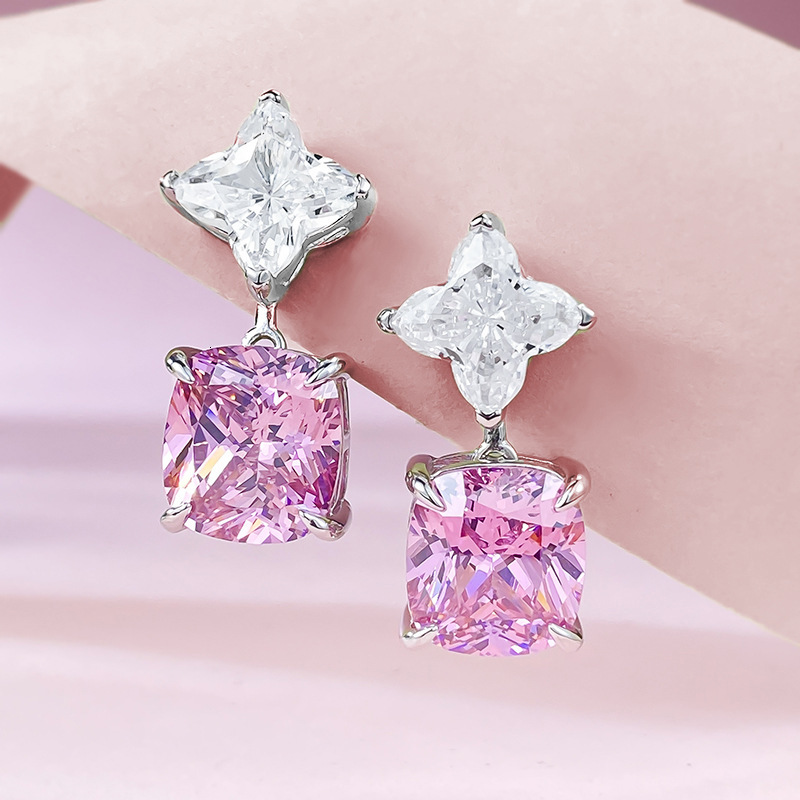 Free Shipping Designer Luxury Jewelry New S925 Sterling Silver Earrings 5A Ice Flower Cut Pink Zircon Earrings Women's Accessories