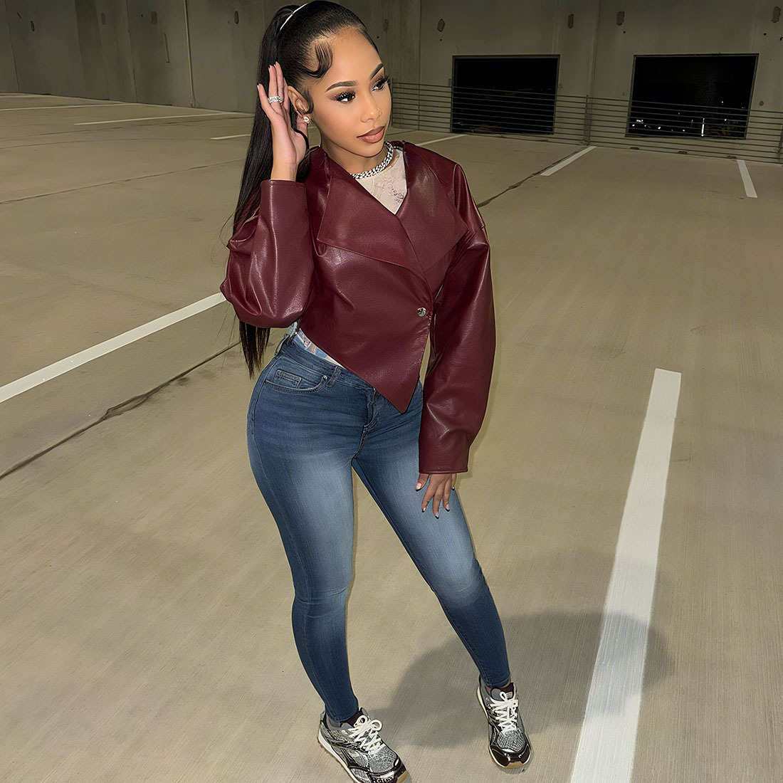 2025 Summer New Womens Fashion Personality Stylish Waist-Cinching Cropped PU Leather Solid Color Casual Jacket for Women
