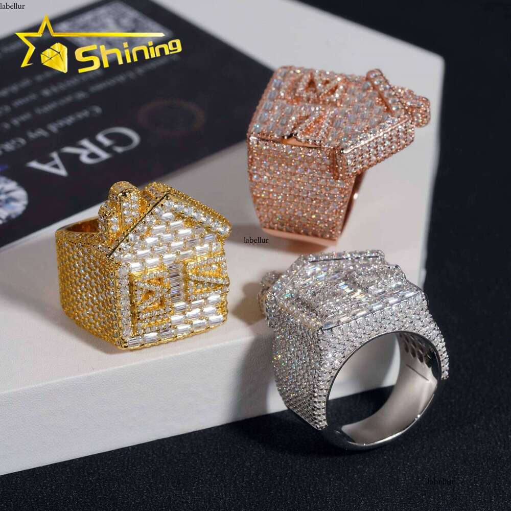 Luxury Rapper Hip-Hop Jewelry Gold-Plated Solid Pure Silver Full Iced Out Trap House Moissanite Ring