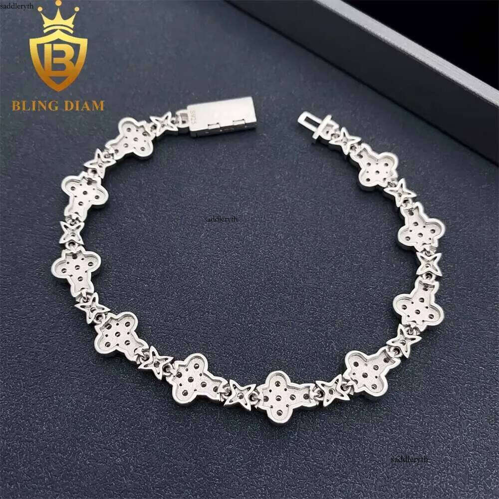 10MM 13MM Hip Hop Sterling Sier Jewelry Moissanite Cuban Chain Flower Cross Iced Out Bracelet 46 7a