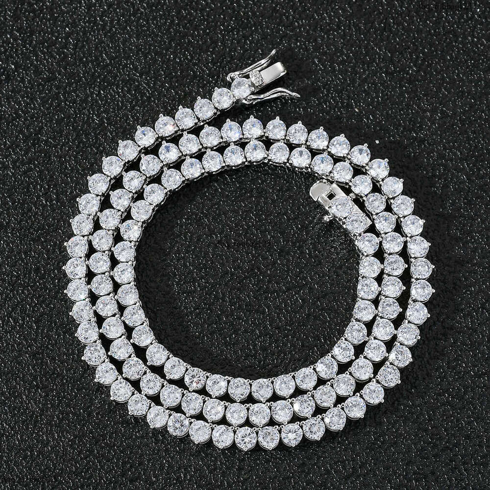 Hip Hop Sterling Silver Moissanite chain Necklace for Men and Women Three-Prong Inlaid 4mm Single Row Dia Tennis Chain