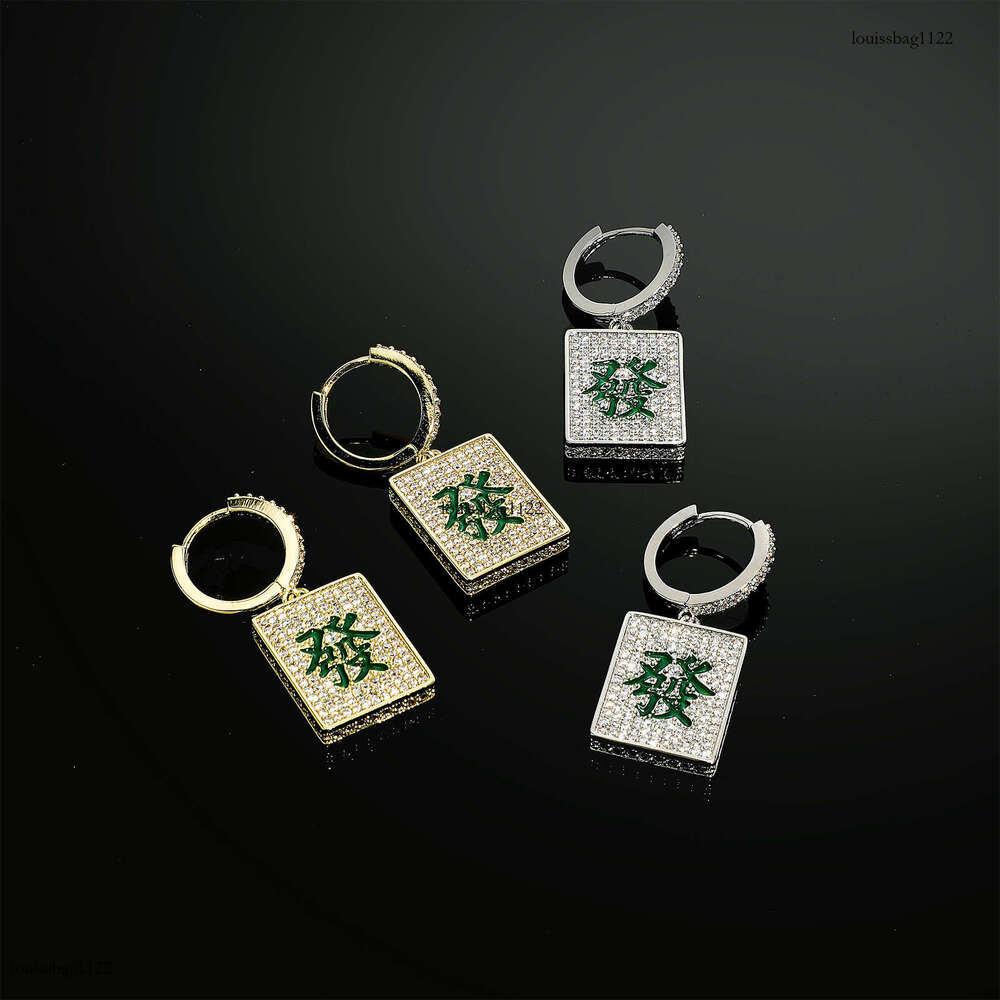 New Fortune Mahjong Personality Hip-Hop Trendy Chinese Zircon Earrings Same Style Gold Australian Jewelry