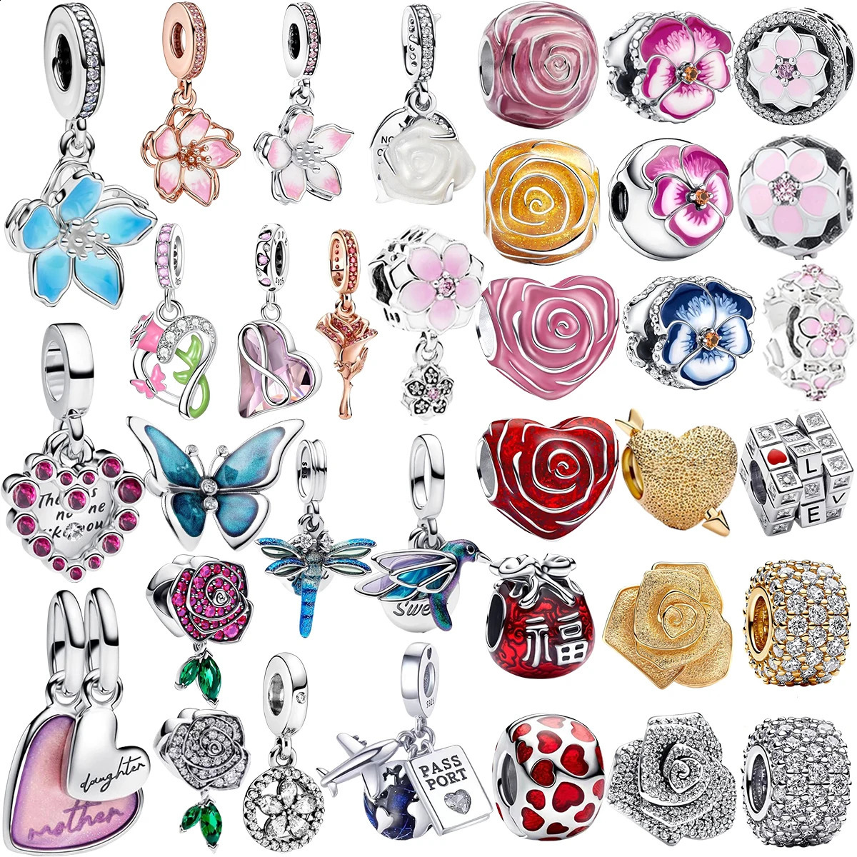 925 Sterling Silver Blue Blossom Dangle Charm Rose Heart Flower Butterfly Bird Bead For Necklace DIY Bracelet Fine Jewellery 250809