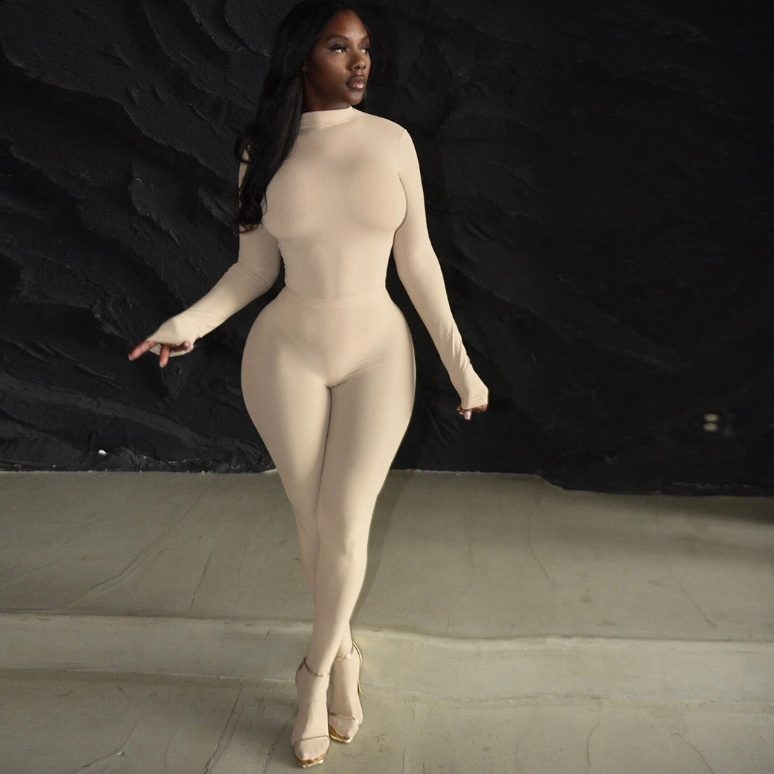 2025 Autumn New Womens Fashion Sexy Tight Long Sleeve Jumpsuit High Waist Stocking Pants Set