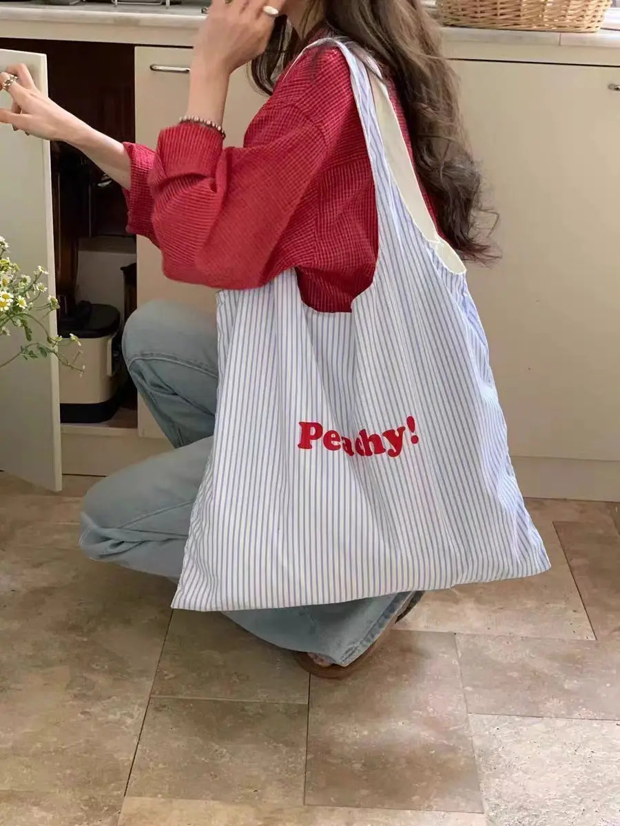 JIAERDI Stripe Blue Large Capacity Canvas Bag For Women Summer Tote Bag Female Korean Style Y2k Handbag Bolsos De Mujer 250809
