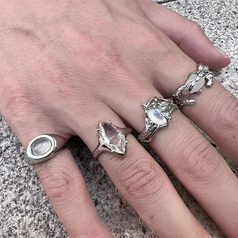 ZHUHE Moonstone Ring Opening Adjustment For Women Mens Cyberpunk Style Jewelry Accessories For Party Gifts 250807