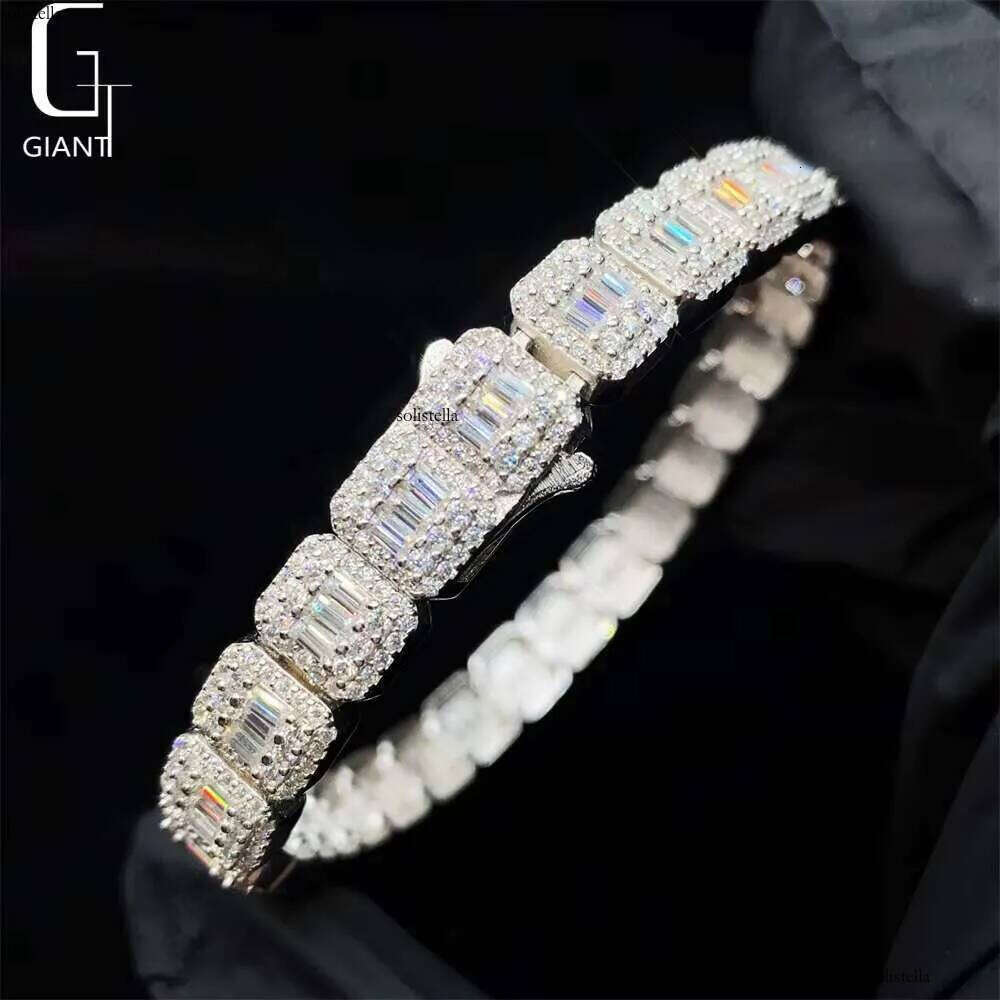 Spring Buckle VVS Moissanite Iced Out Jewelry 9MM Baguette Cut Dia Cuban Link Men Hip Hop Sier Bracelet