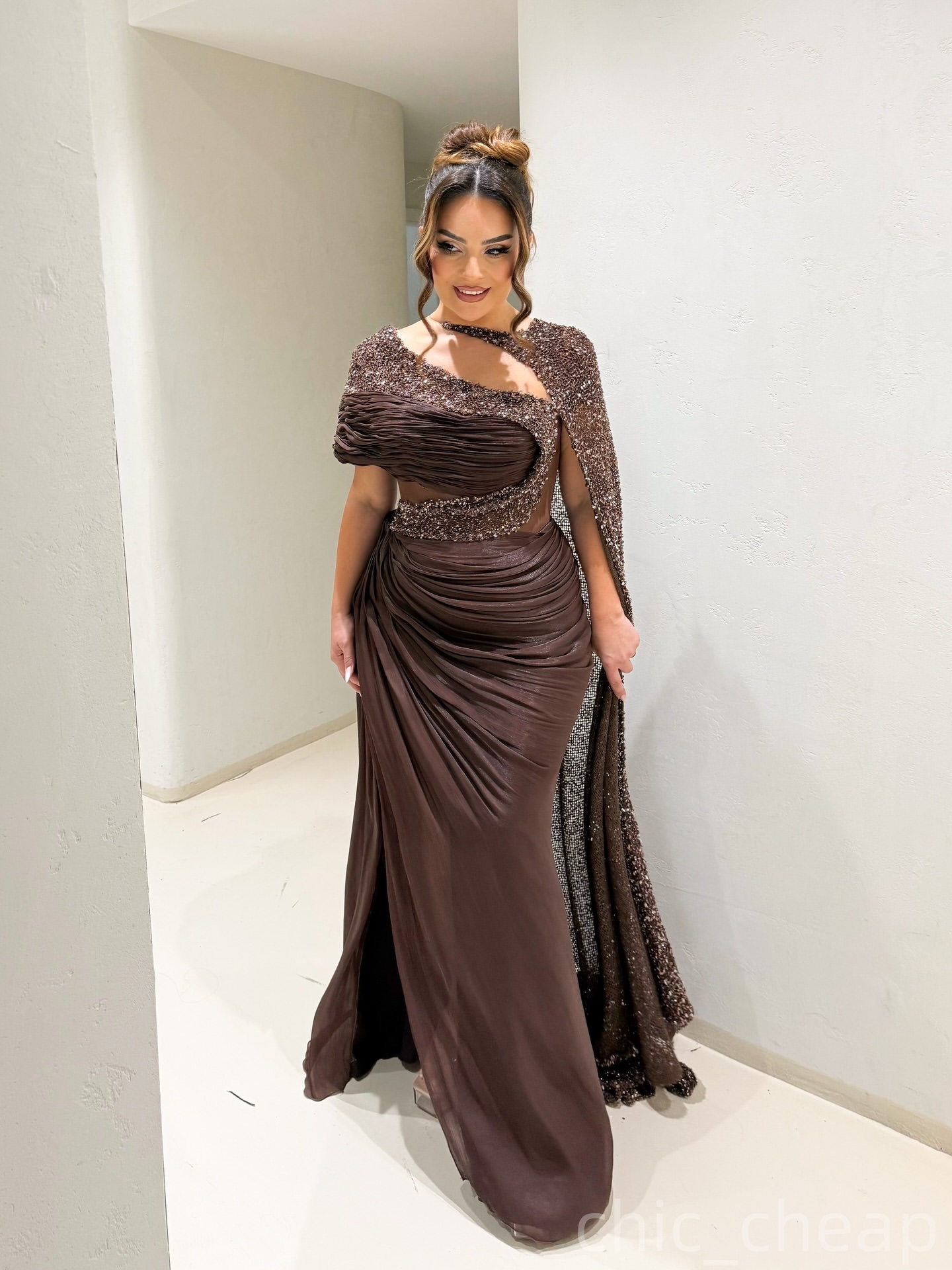 Mermaid Chocolate Prom Dresses 2025 Sequined Chiffon High Split Evening Formal Party Second Birthday Engagement Gowns Plus Size Dress For Special Occa