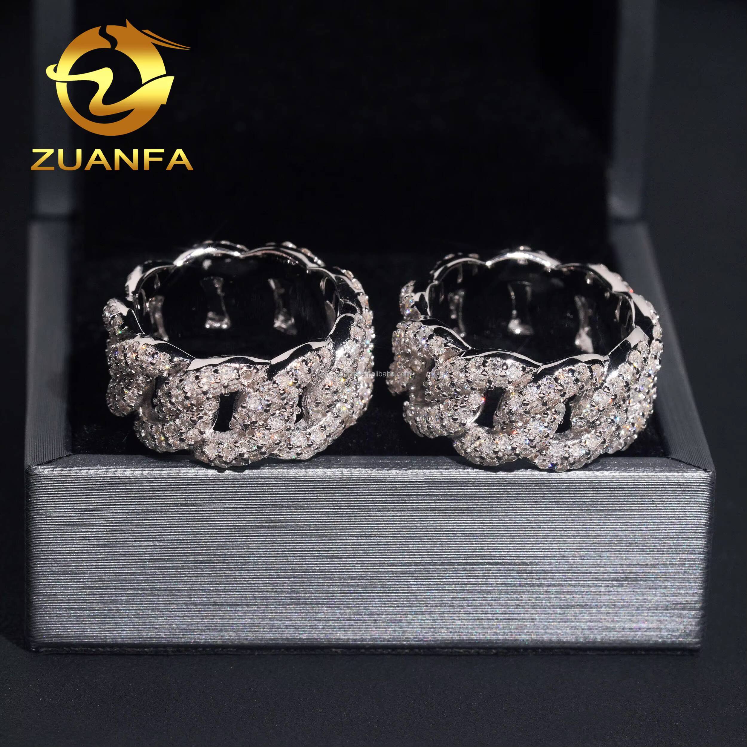 New Design Fashion 2Rows Stone S925 Sterling Silver Hip Hop Iced Out White Gold Plated VVS1 Moissanite Miami Cuban Band Ring Man