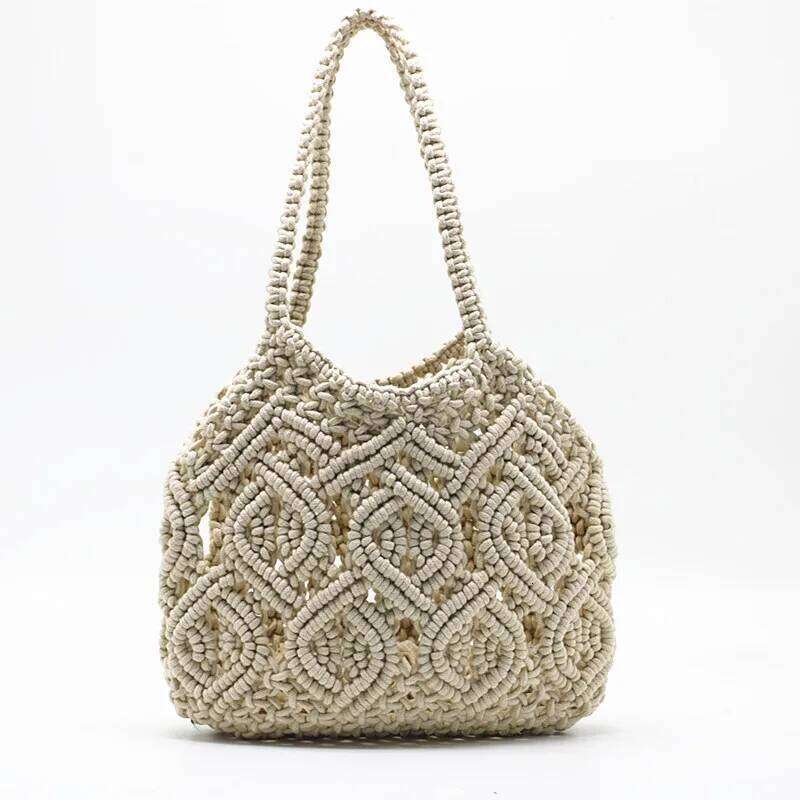 2025 Fashion Hand-woven beach holiday Shoulder handbag Hand tied cotton thread straw woven bag