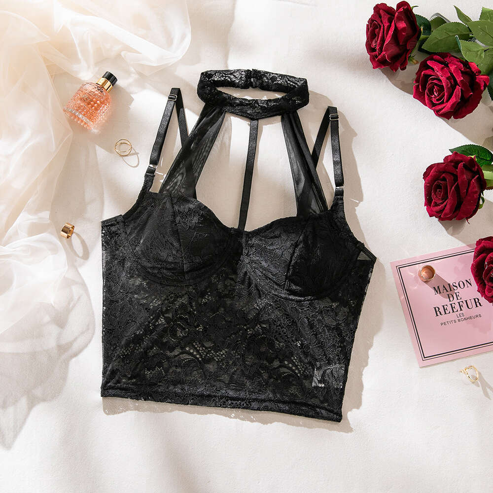 Women's Sexy Lace Hot Girl Top with Underwire, Push-Up Shaping Bra, Halter Neck Camisole for Outerwear