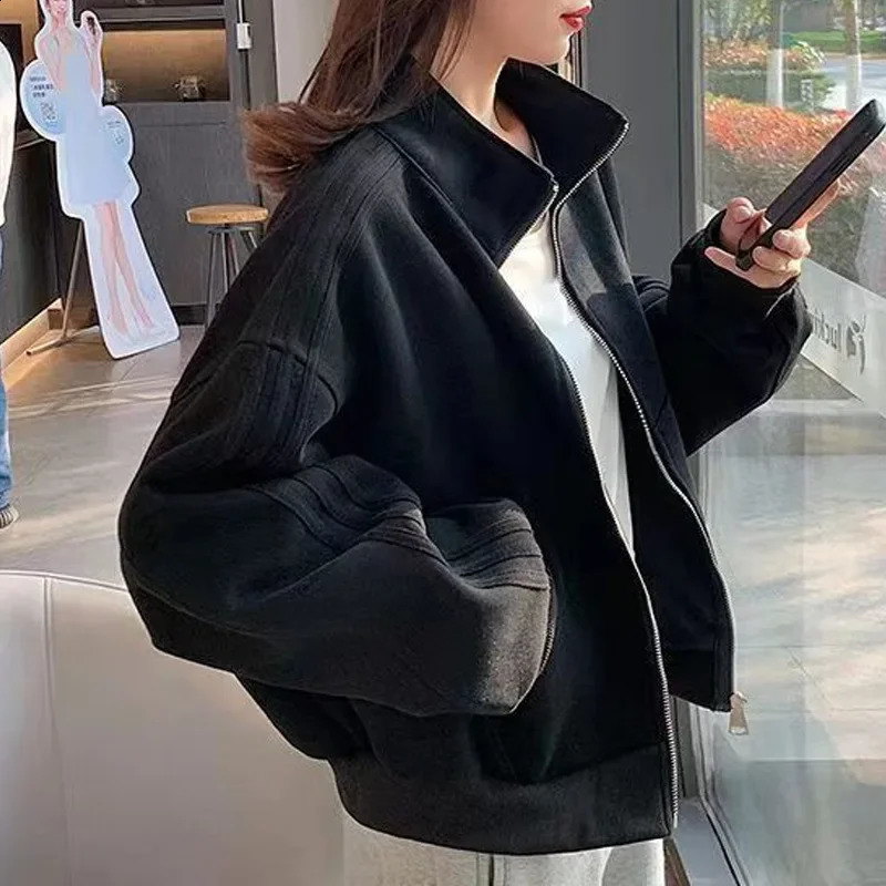 Short Sweatshirt Jacket Womens Autumn Winter Student Versatile Three Stripe Loose Fit Casual Style Of The S 250809