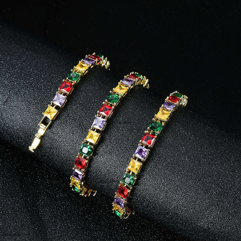 Personality Colorful Micro Paved Four-Color Square Moissanite chain Necklace Trendy Hip Hop Jewelry