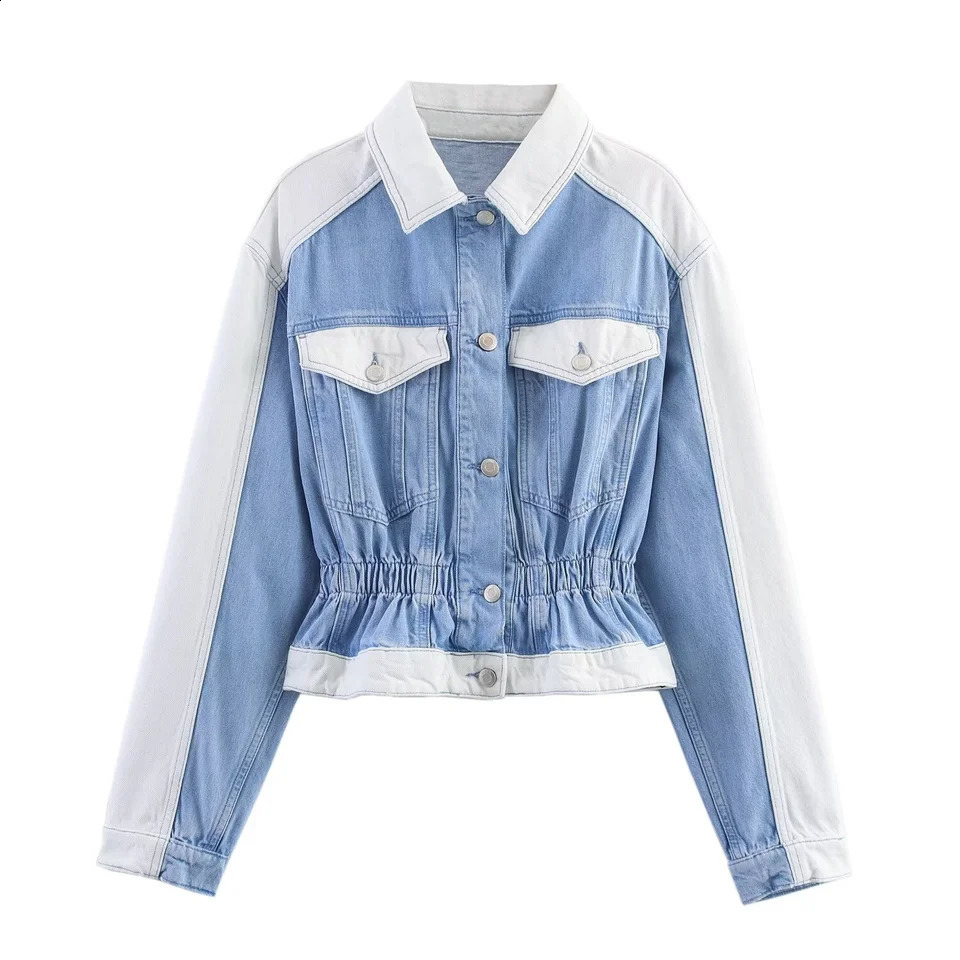 BSK TRAF2025 autumn womens casual fashion contrast color lapel long-sleeved short denim top straight trousers 250808