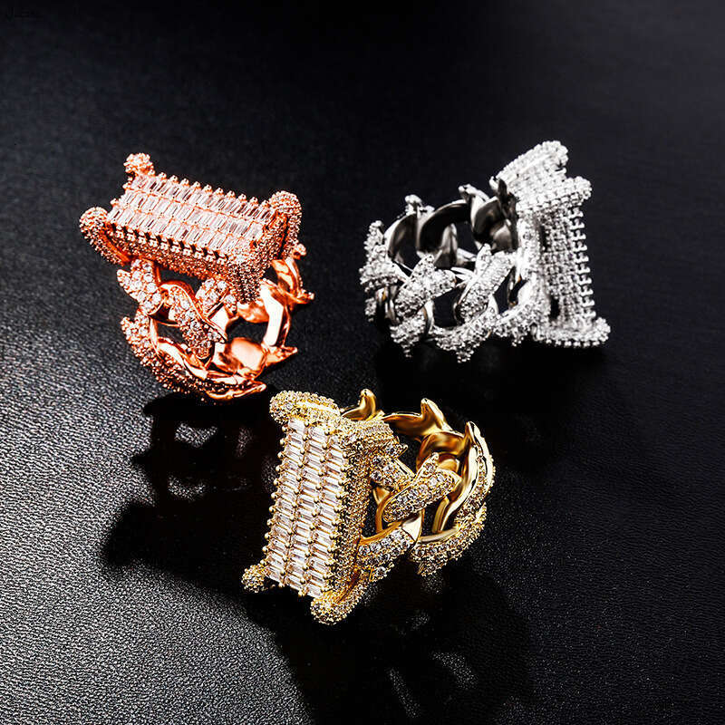 New Rectangular Cuban Full Zircon Hip-Hop Men's Trendy Jewelry Ring