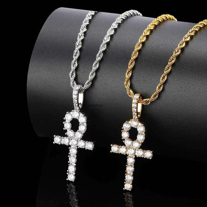 Hip-Hop Jewelry Solid Ankha Moissanite chain Necklace Small Ankh Key Cross Pendant Chain