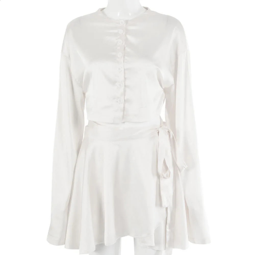 2025 White Elegant Satin 2 Two Piece Set Women Lantern Long Sleeves Crop Tops Cardigan Sexy High Waist Mini Tennis Sports Skirts 250808