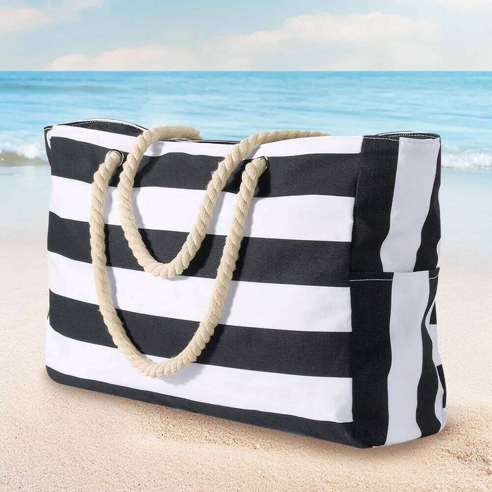 Women Beach Stripe Waterproof Sandproof Shoulder Large Capacity Canvas Tote Travel Overnight Swim Pool Bag