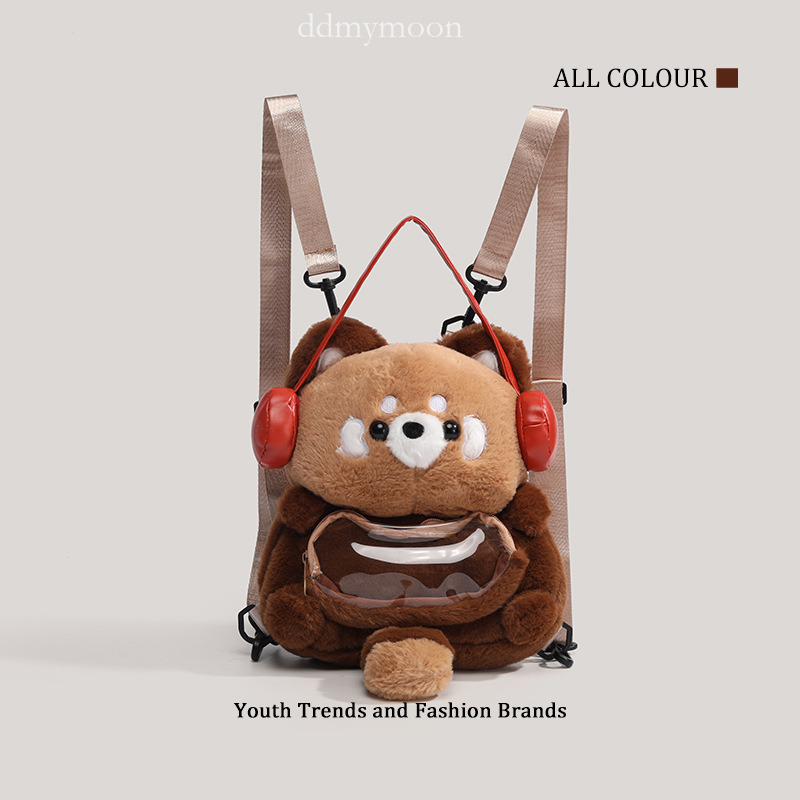 Cartoon Headphones Raccoon Plush Backpack Cute Big Face JK Pain Bag ddmymoon