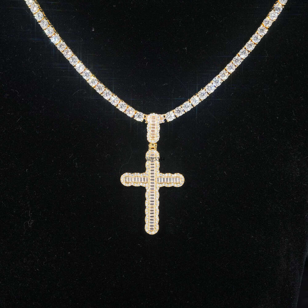 Straight Cross Pendant Sterling Silver Inlaid with Full Dia Moissanite chain Trendy HIPHOP Jewelry