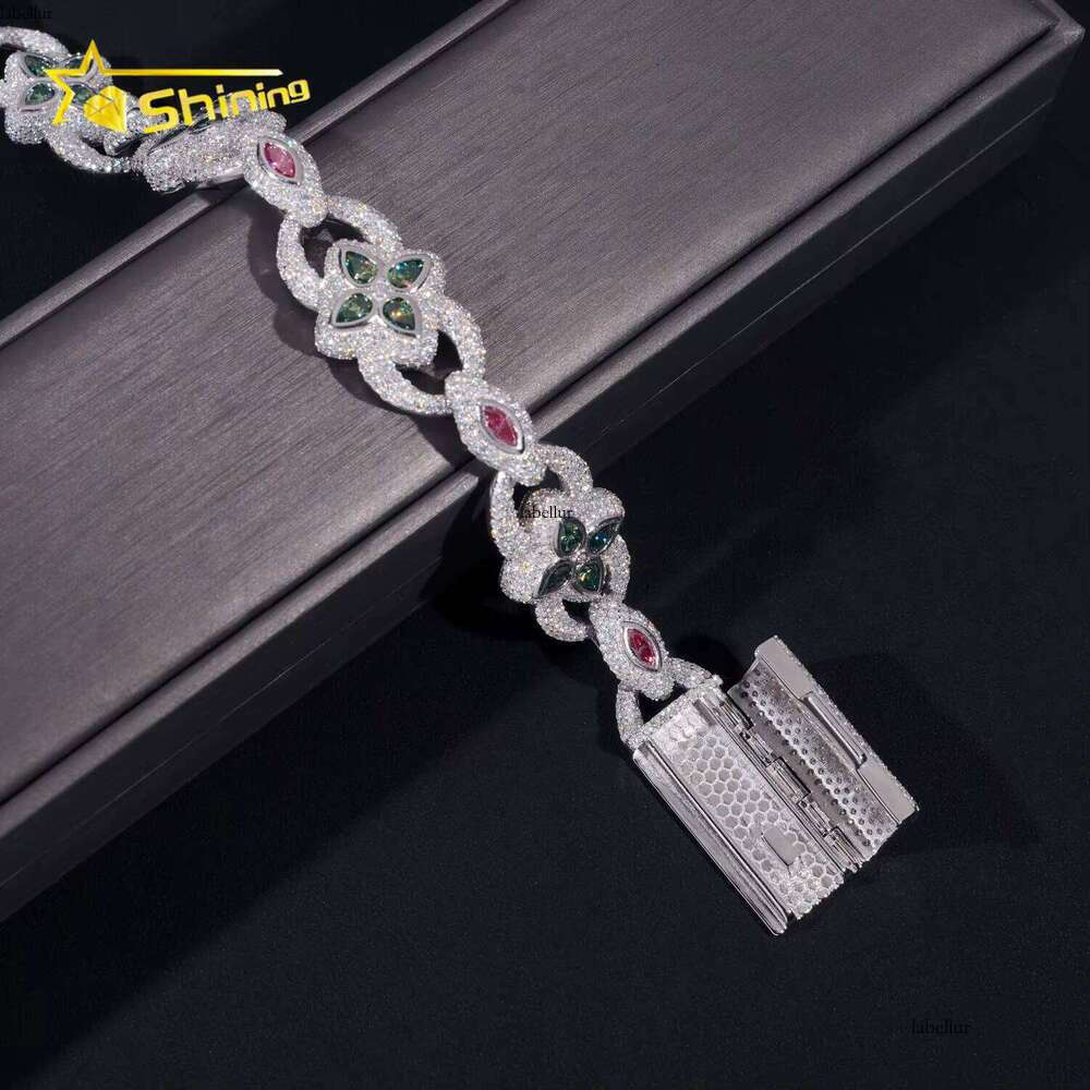 New Arrivals Iced Out Pink Blue Green Marquise Hip Hop Infinity Flower Style Sliver VVS Moissanite Bracelet Men Women